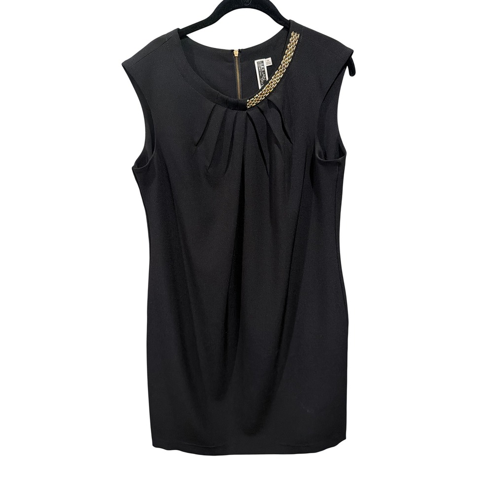 Julian Taylor Dress Black Chain Neck Pleated Sleeveless Shift Back Zip Sz 14